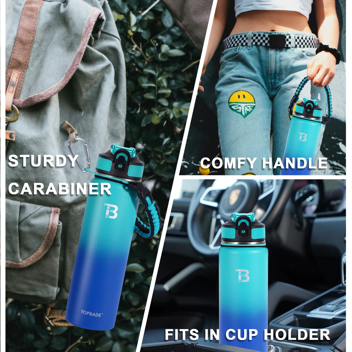 TOPBADE 32oz insulated bottle with straw lid for spill-proof sipping.
