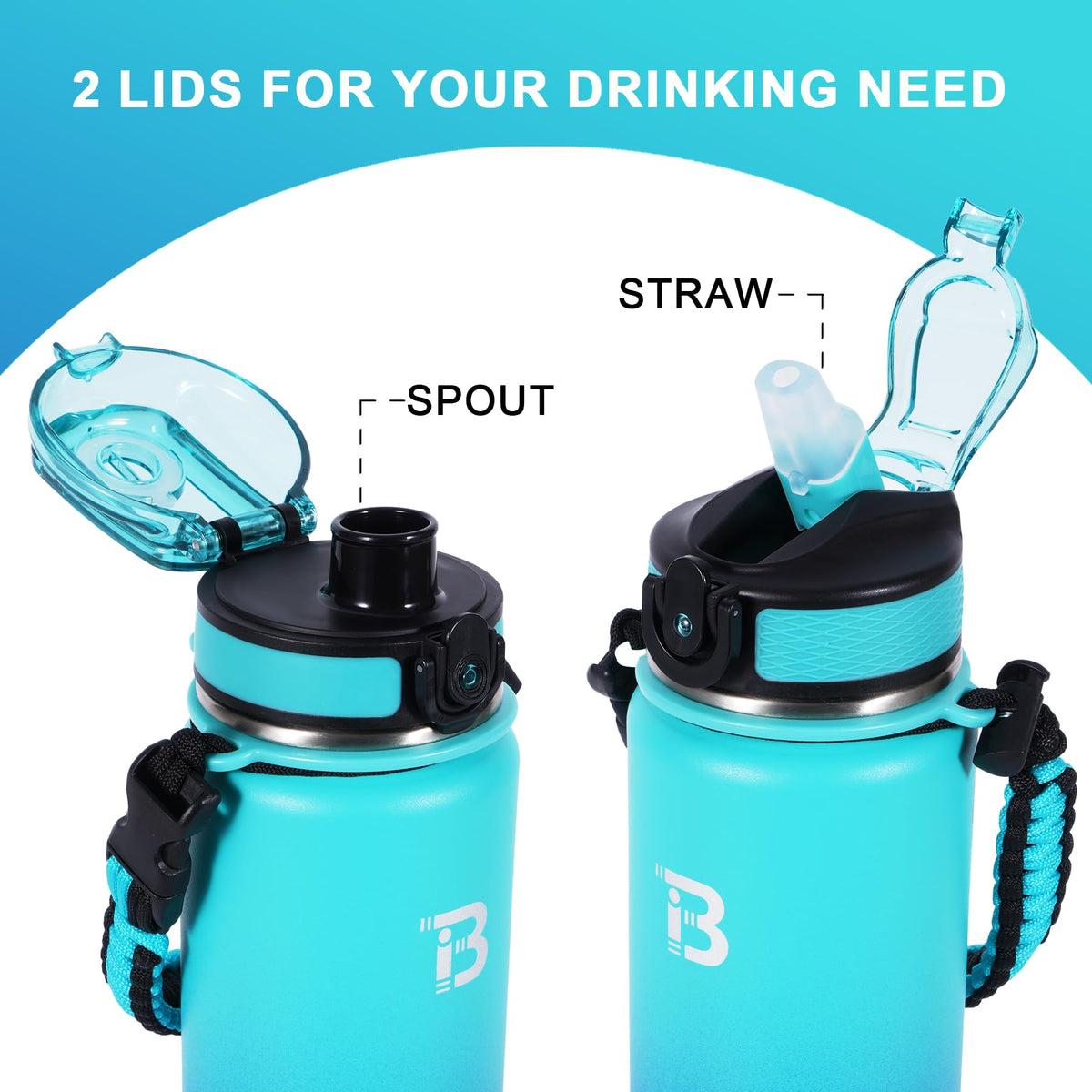 TOPBADE bottle with paracord handle for easy outdoor carrying.