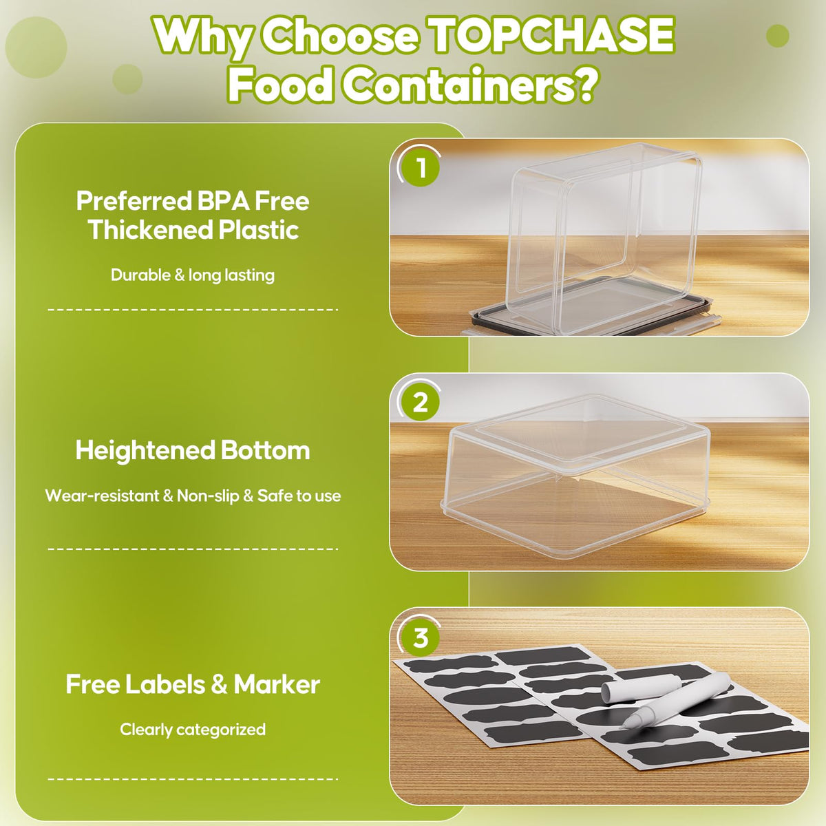 TOPCHASE stackable nesting design helps save fridge and pantry space.
