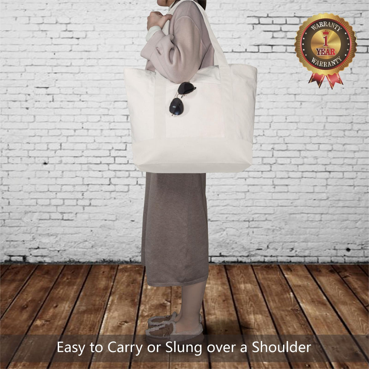 TOPDesign 3-Pack canvas tote with top zipper closure for secure shopping.