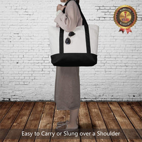 TOPDesign canvas tote shows a roomy 21x15x6 interior for groceries.