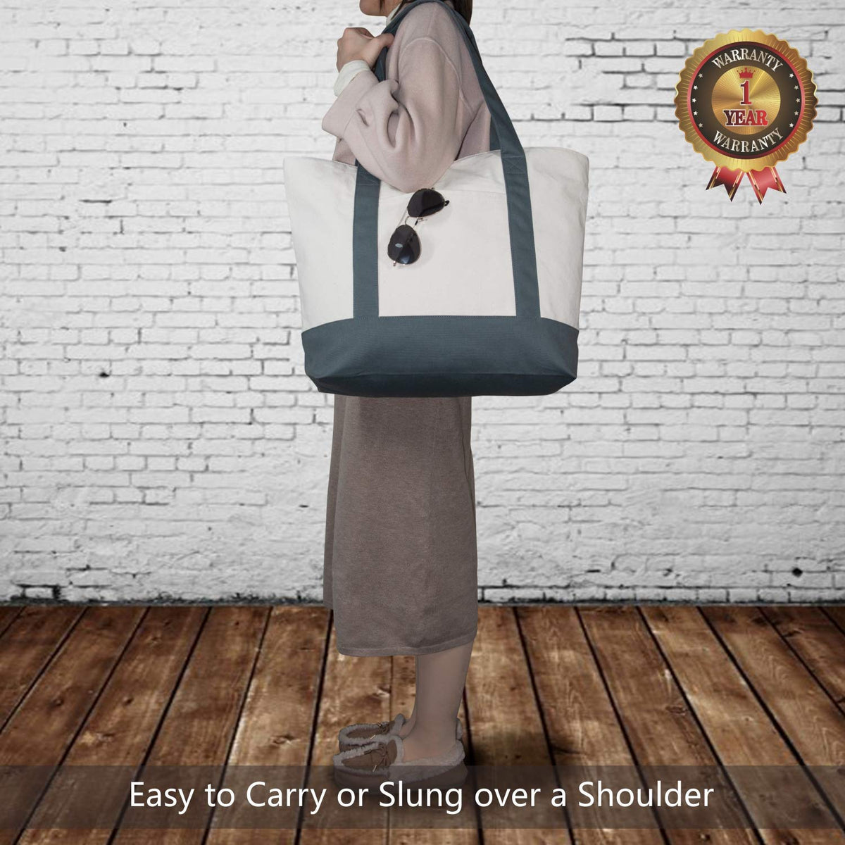TOPDesign canvas tote with top zipper closure; secure groceries and items.