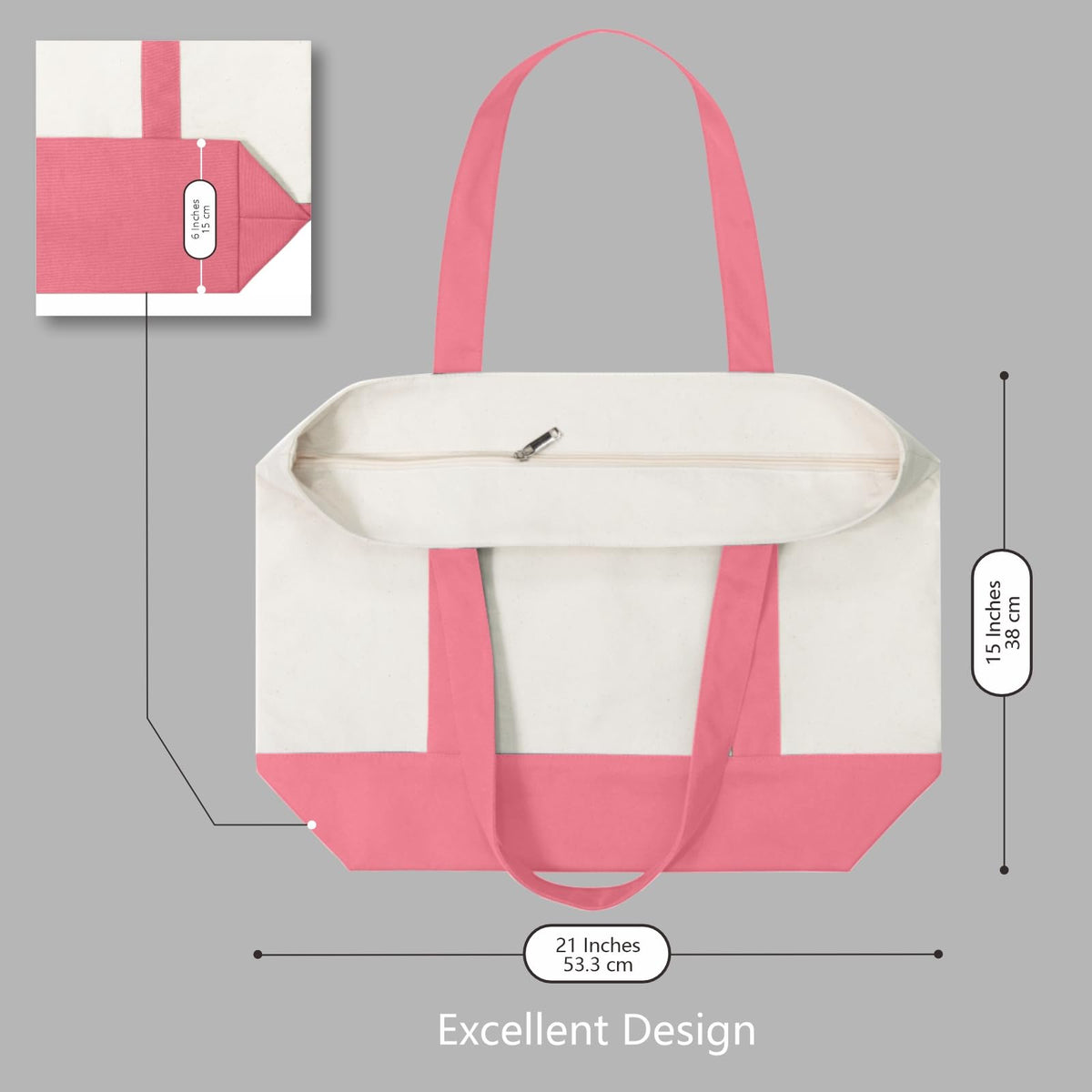 Two-tone rose pink and natural canvas adds versatile style to the tote.