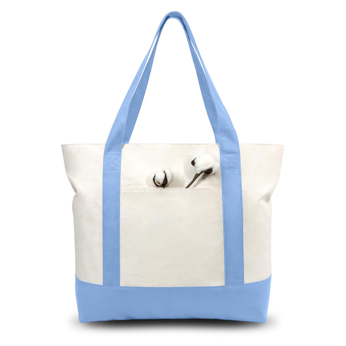 TOPDesign canvas tote bag with external pocket in light blue and natural colors for easy access