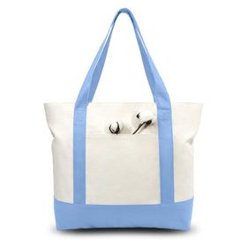 TOPDesign canvas tote bag with external pocket in light blue and natural colors for easy access