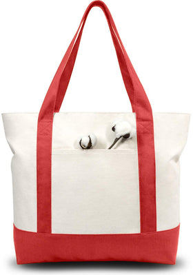 TOPDesign tote with external pocket in red and natural colors for quick small-item access.