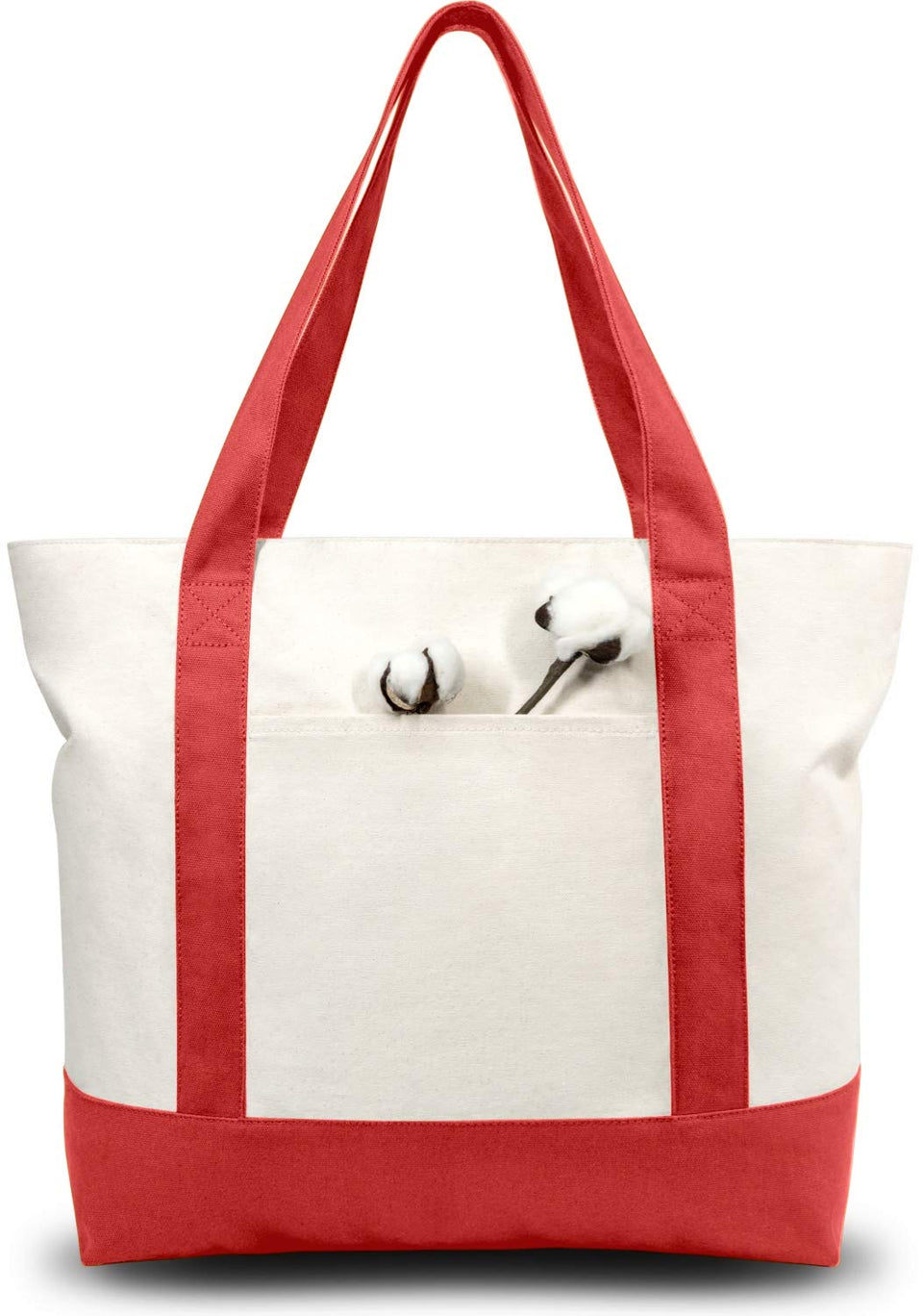 TOPDesign tote with external pocket in red and natural colors for quick small-item access.