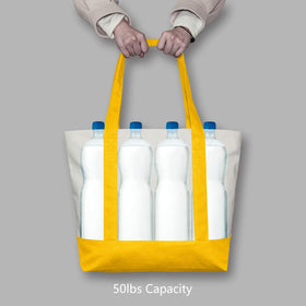 TopDesign tote bag lifestyle scene for groceries, travel, and beach days.