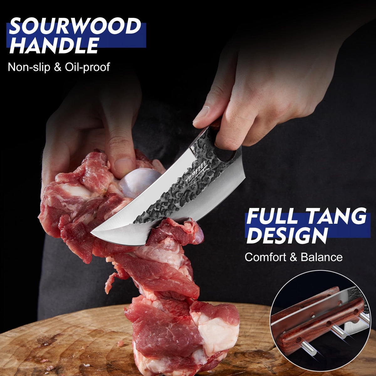 Topfeel hand-forged blade detail with anti-stick finish enhances prep work.