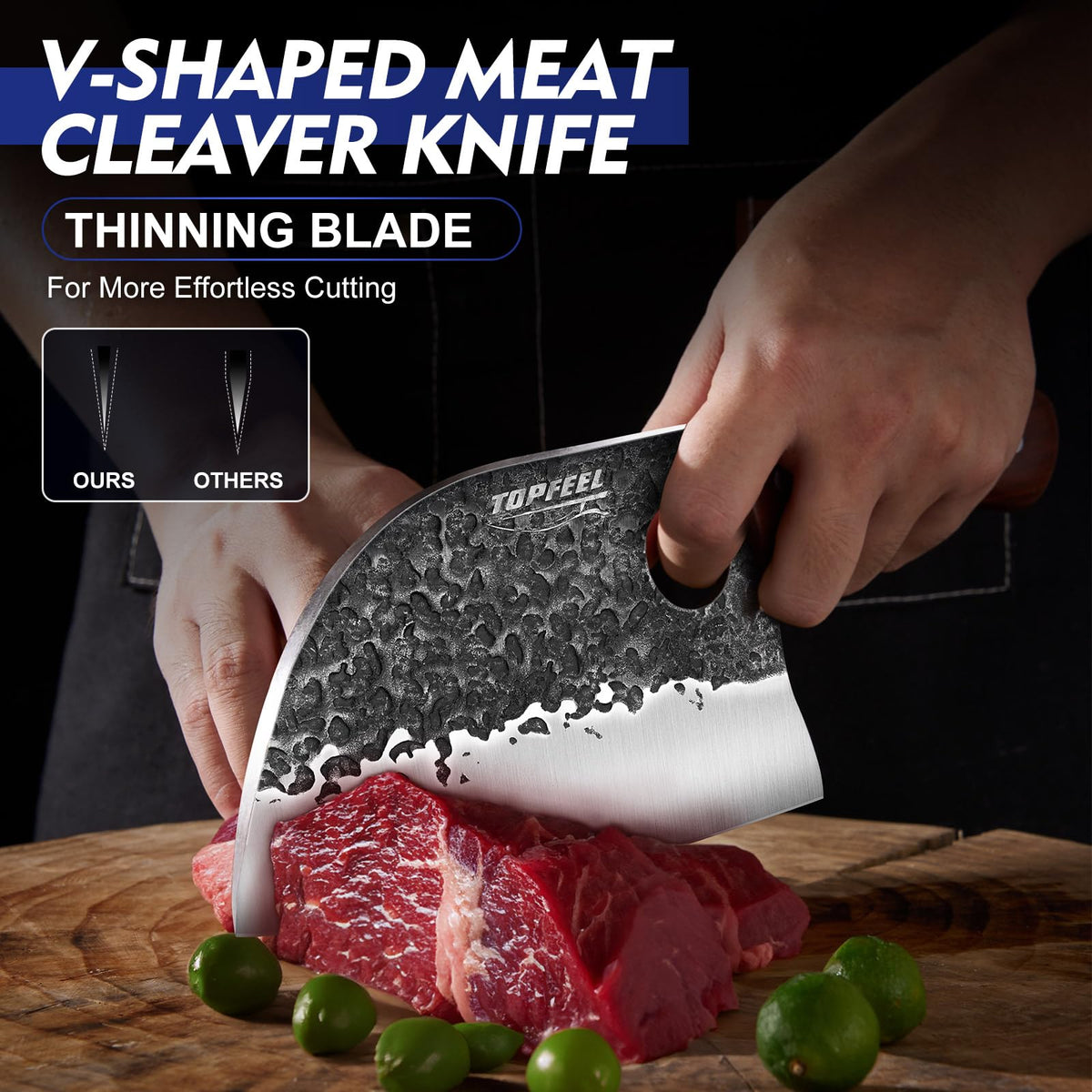 Topfeel meat cleaver 7-inch hand-forged blade delivers clean, powerful cuts.