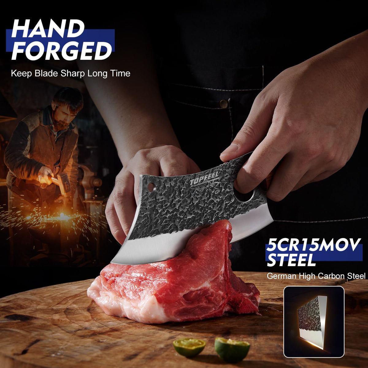 Topfeel rosewood handle provides balanced, comfortable grip during prep.