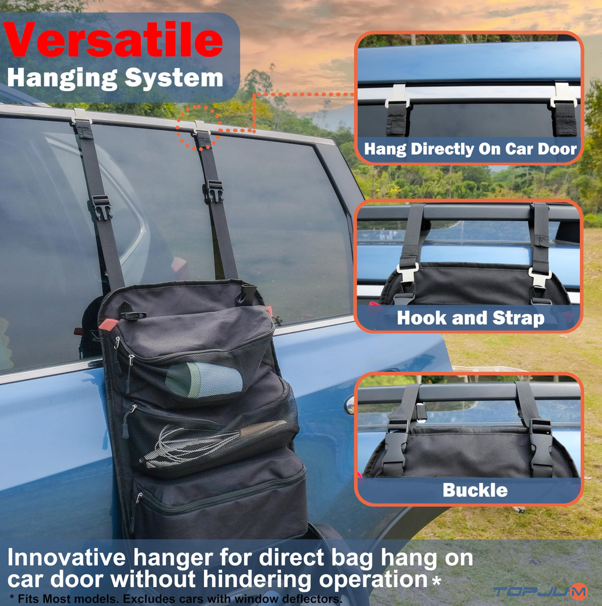 TOPJUM Camp Kitchen Organizer hanging system shows versatile mounting on car door or tailgate.