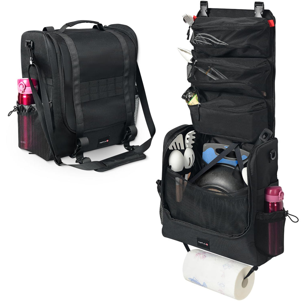 TOPJUM Camp Kitchen Organizer open main compartment for cookware storage and easy access.