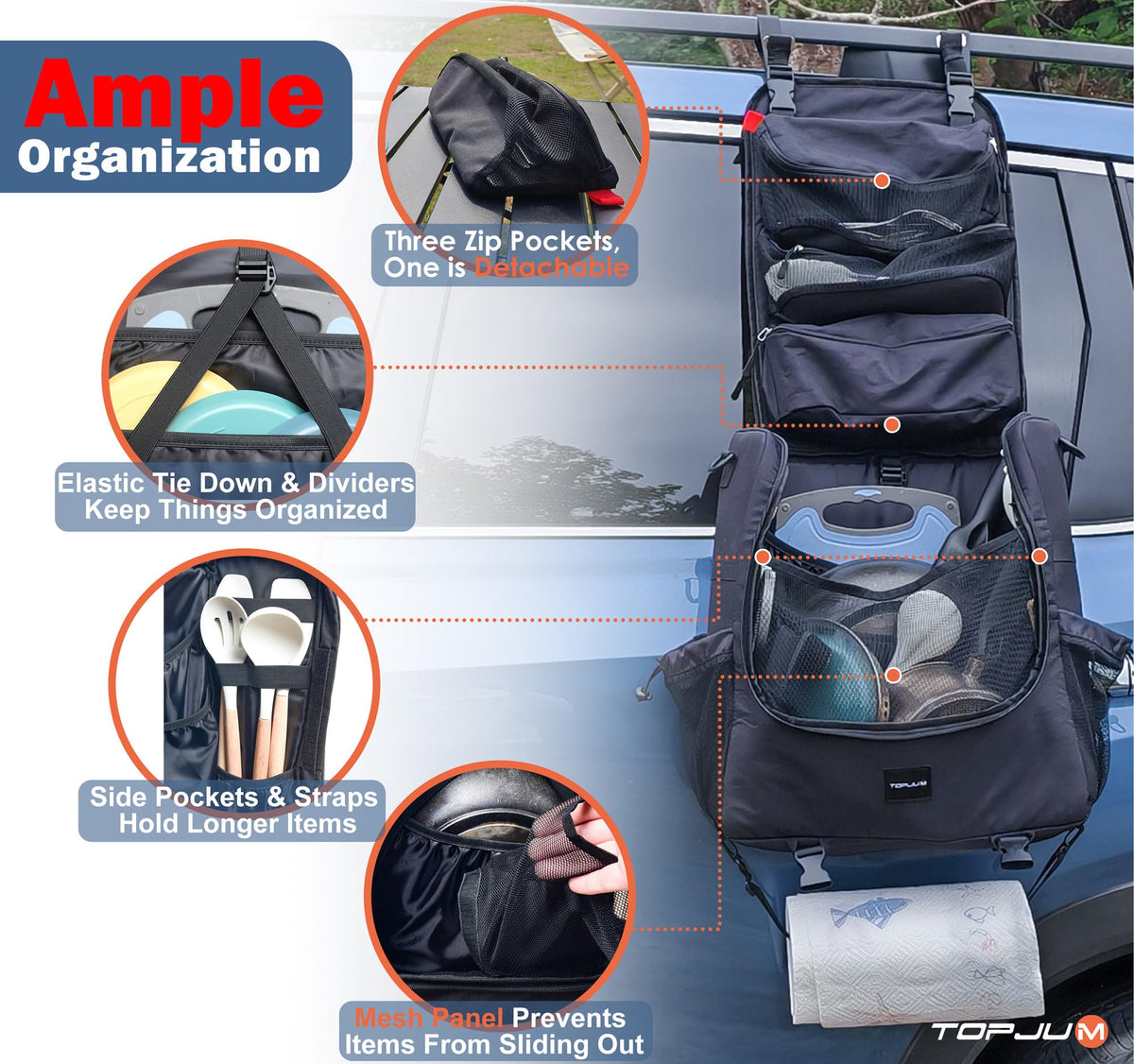 TOPJUM Camp Kitchen Organizer removable pouch enables modular storage for utensils and spices.