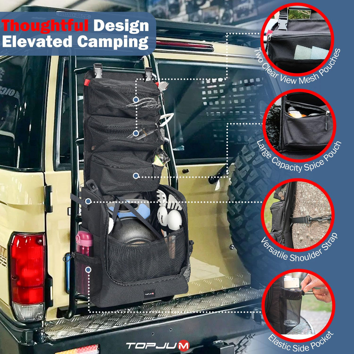 TOPJUM Camp Kitchen Organizer side expandable pocket expands organization for utensils.