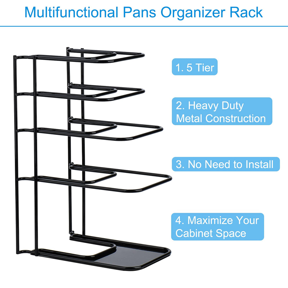 Toplife 5-tier rack stores cast iron pots neatly in vertical cabinet space.