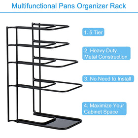 Toplife 5-tier rack stores cast iron pots neatly in vertical cabinet space.
