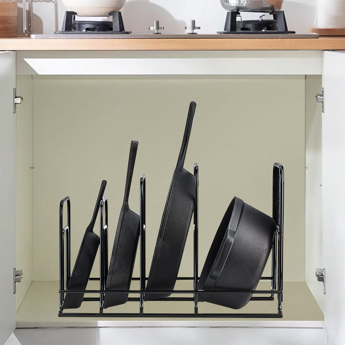 Toplife no-assembly pan rack arrives ready to place in your cabinet.