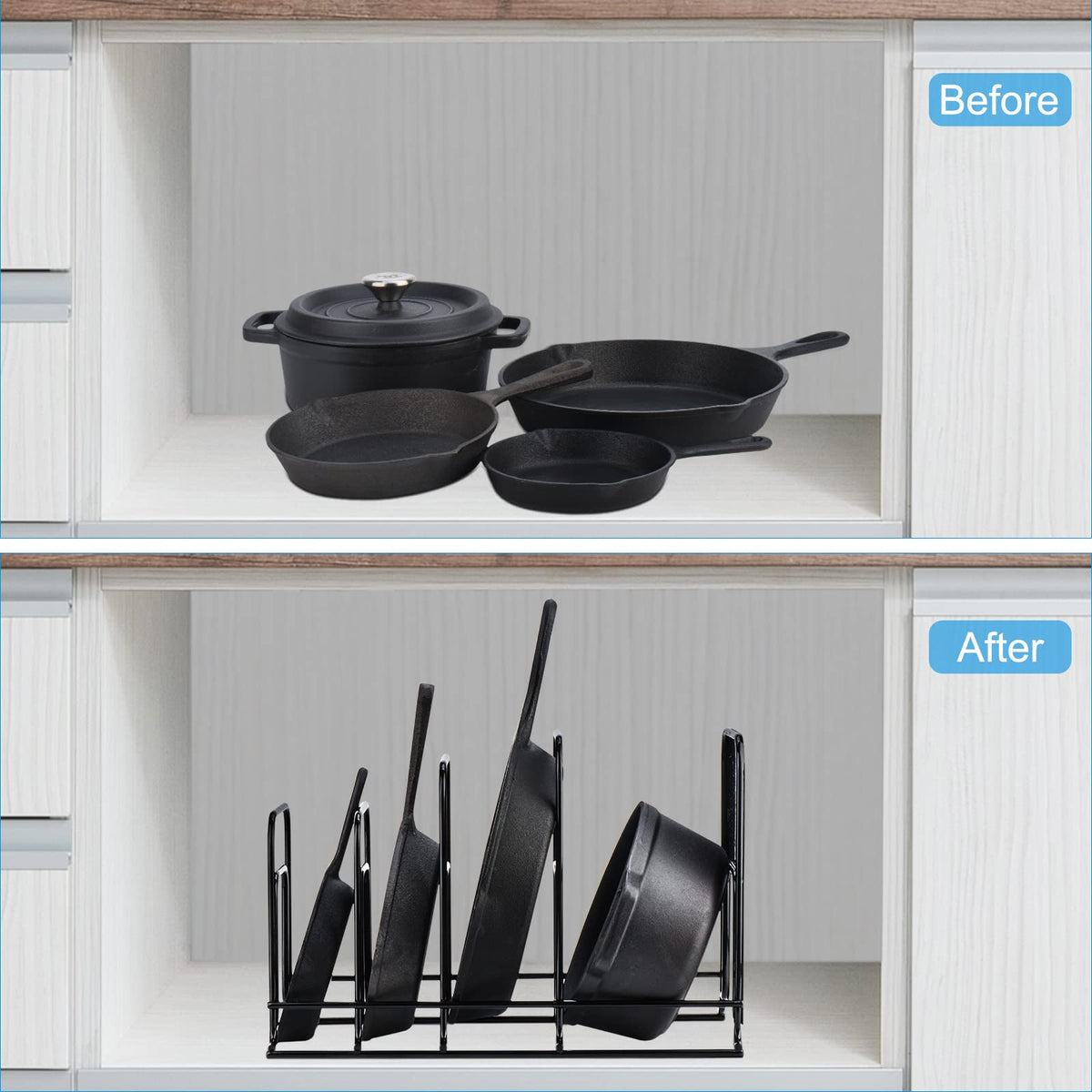 Toplife five-tier storage solution for pots and pans with standard-sized slots.