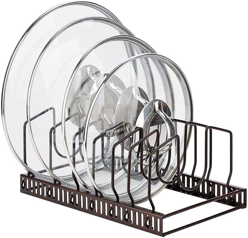 Toplife pot lid organizer rack in brown keeps lids neatly accessible.