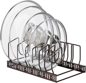 Toplife pot lid organizer rack in brown keeps lids neatly accessible.