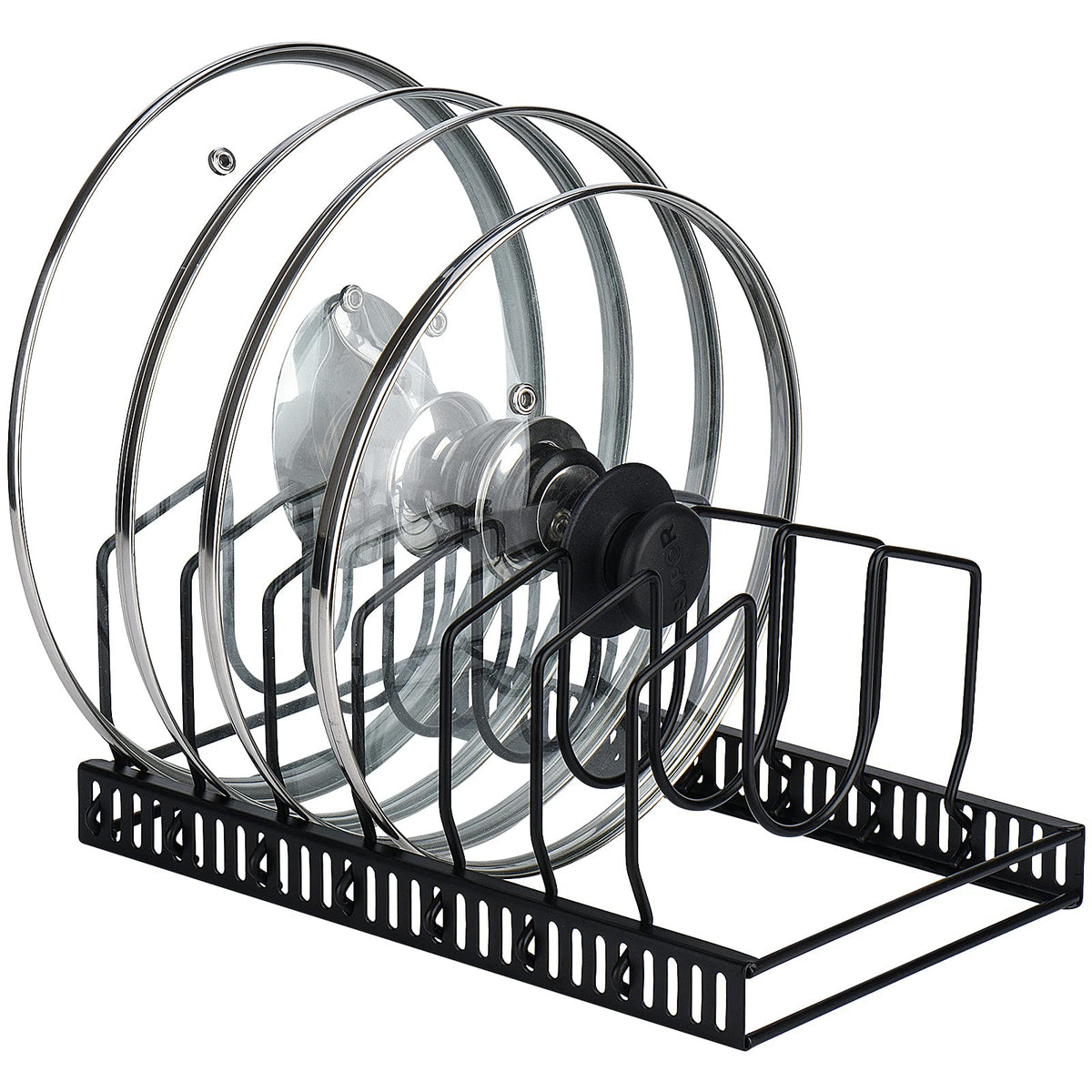 Toplife pot lids organizer rack on cabinet keeping lids neatly organized and accessible.