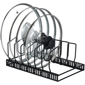 Toplife pot lids organizer rack on cabinet keeping lids neatly organized and accessible.