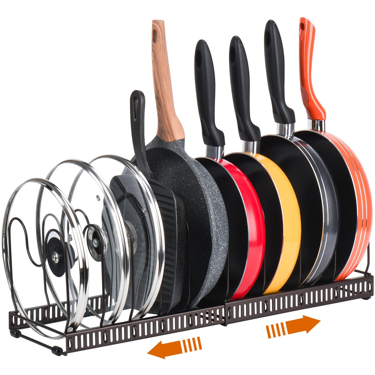 Toplife Pots and Lids Organizer Rack with adjustable dividers for versatile storage.