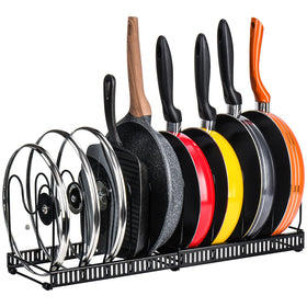 Toplife organizer rack in black keeps pots and lids neatly accessible.