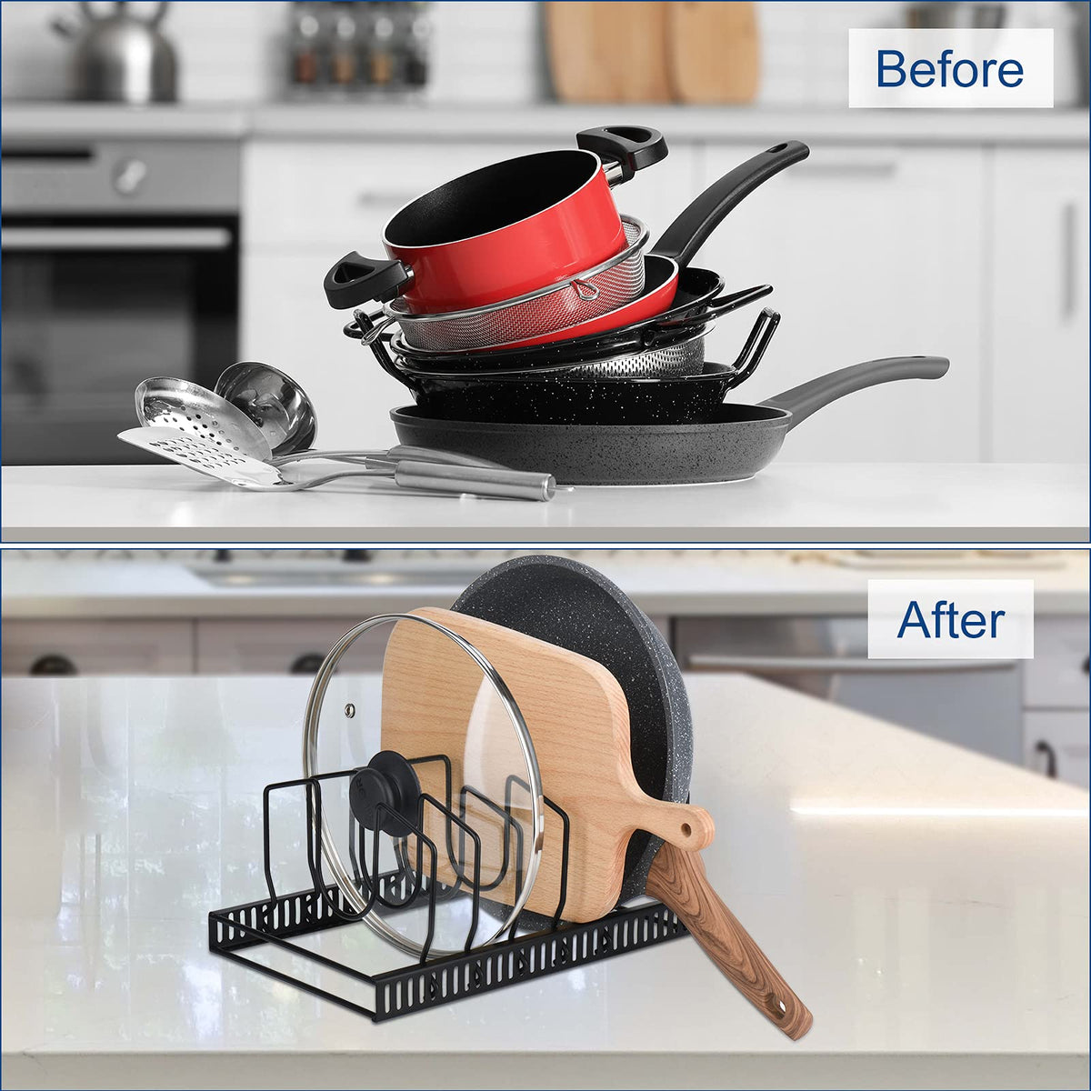 Toplife space-saving rack on countertop frees cabinet space for easier prep.