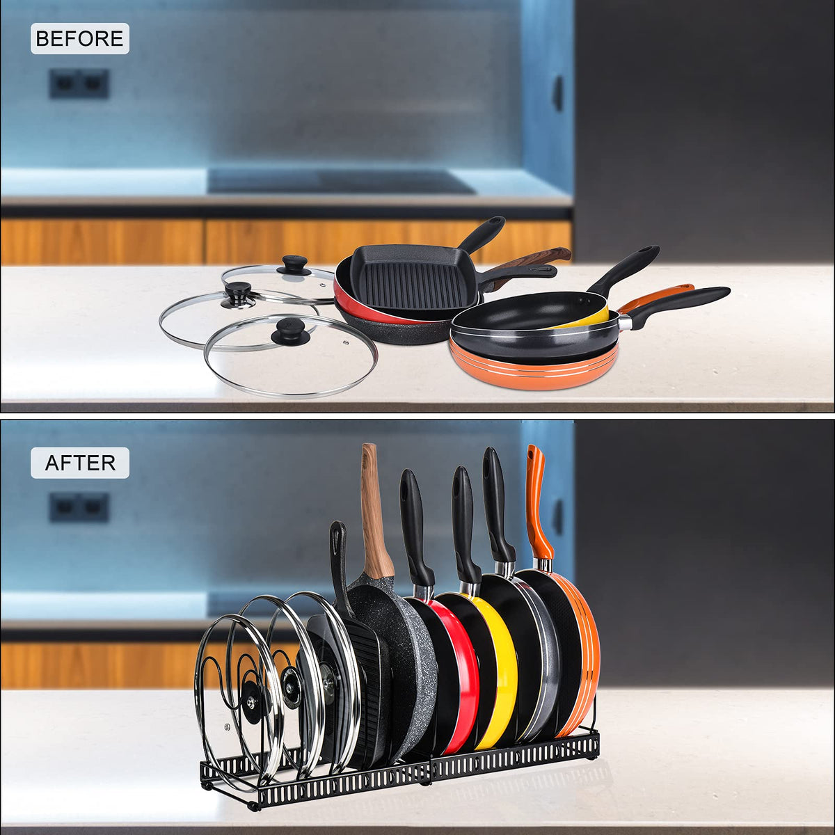 Ten adjustable dividers allow customizable spacing for different pot sizes.