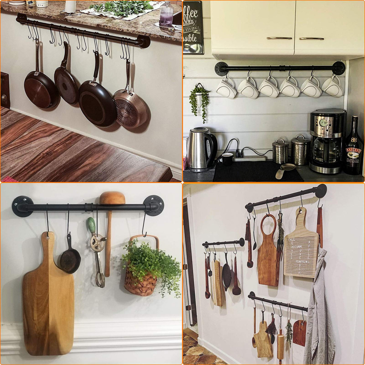 Toplife wall-mounted kitchen storage keeps a neat, accessible cooking area.