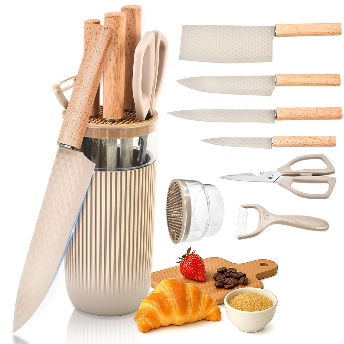 TOPLUCKY seven-piece knife set shown with visible block for quick access.