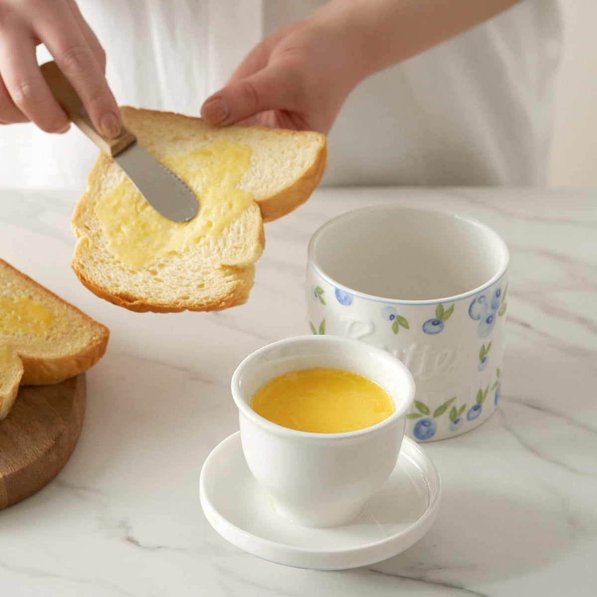 Toptier butter crock close-up shows firm pressing for smooth texture