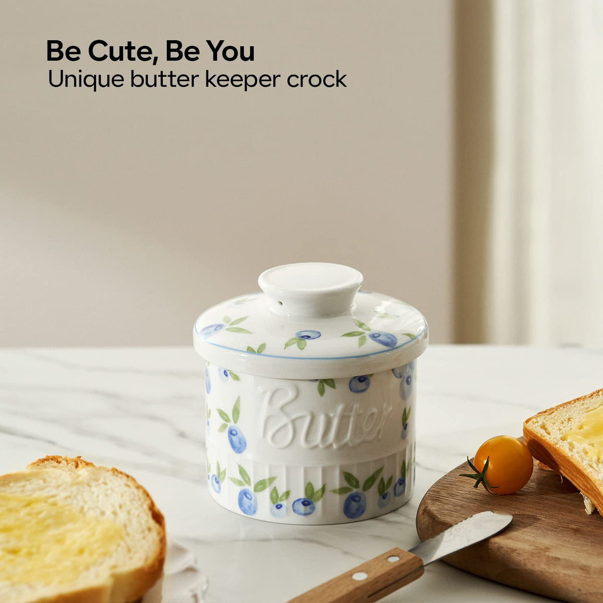 Toptier butter crock shows soft butter ready to spread on rolls and toast