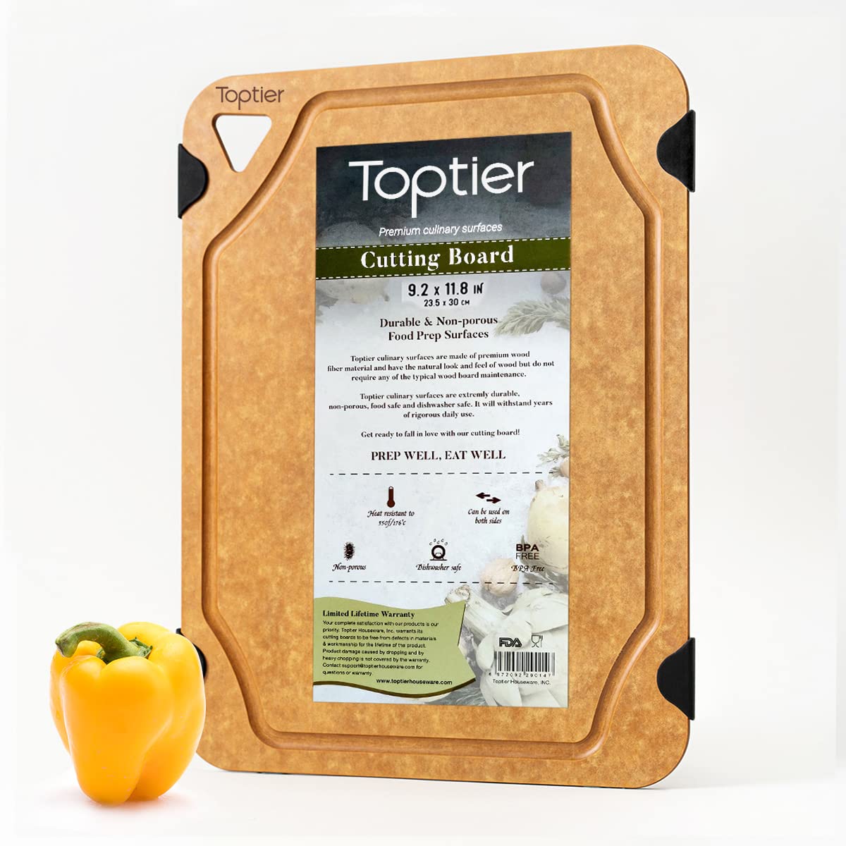 Toptier wood fiber cutting board with natural finish for sturdy prep
