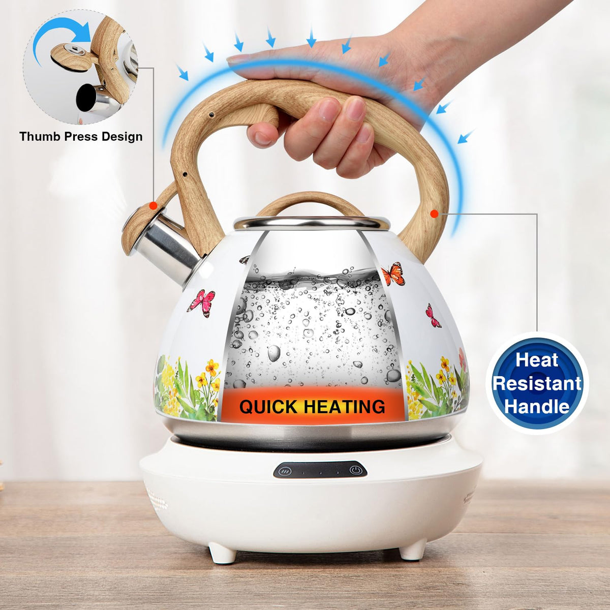 Toptier tea kettle with wood-pattern handle provides safe lifting and comfortable pouring.