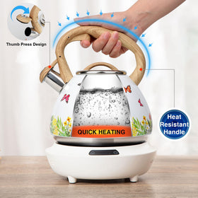 Toptier tea kettle with wood-pattern handle provides safe lifting and comfortable pouring.