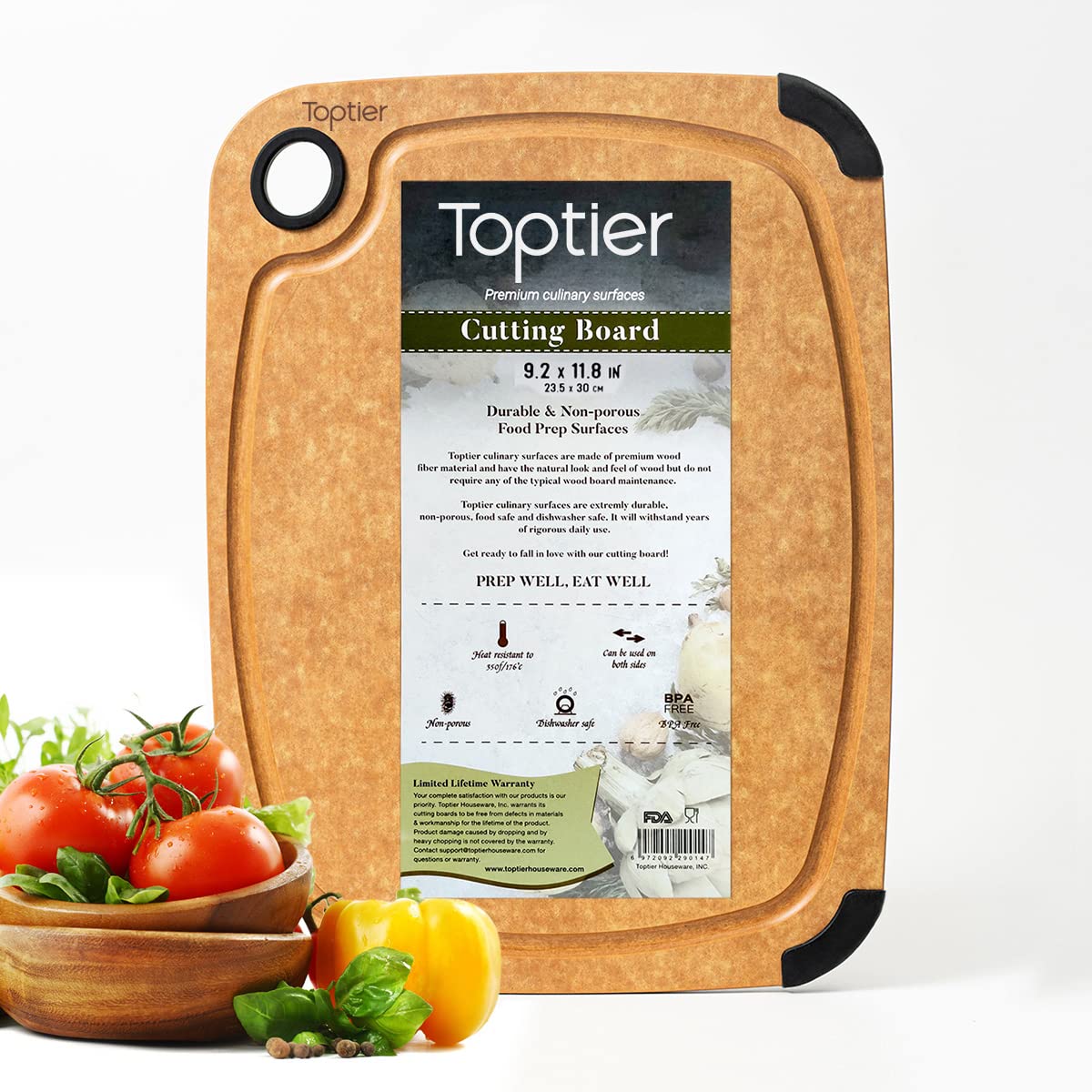 Toptier wood fiber cutting board with anti-slip corners for stable prep.