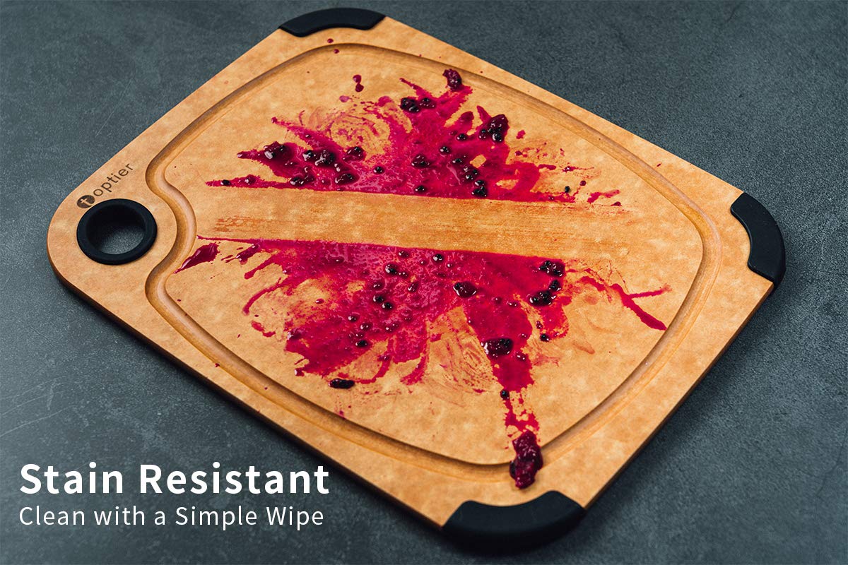 Toptier board features a juice groove to catch liquids during chopping.