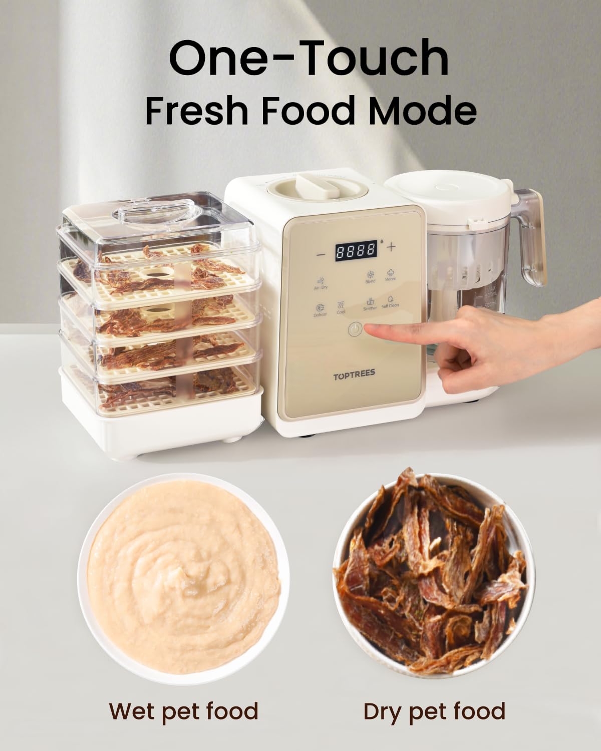 TOPTREES Pet Fresh Maker touch panel demonstrates one-step operation for effortless pet meals.