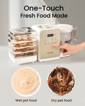 TOPTREES Pet Fresh Maker touch panel demonstrates one-step operation for effortless pet meals.