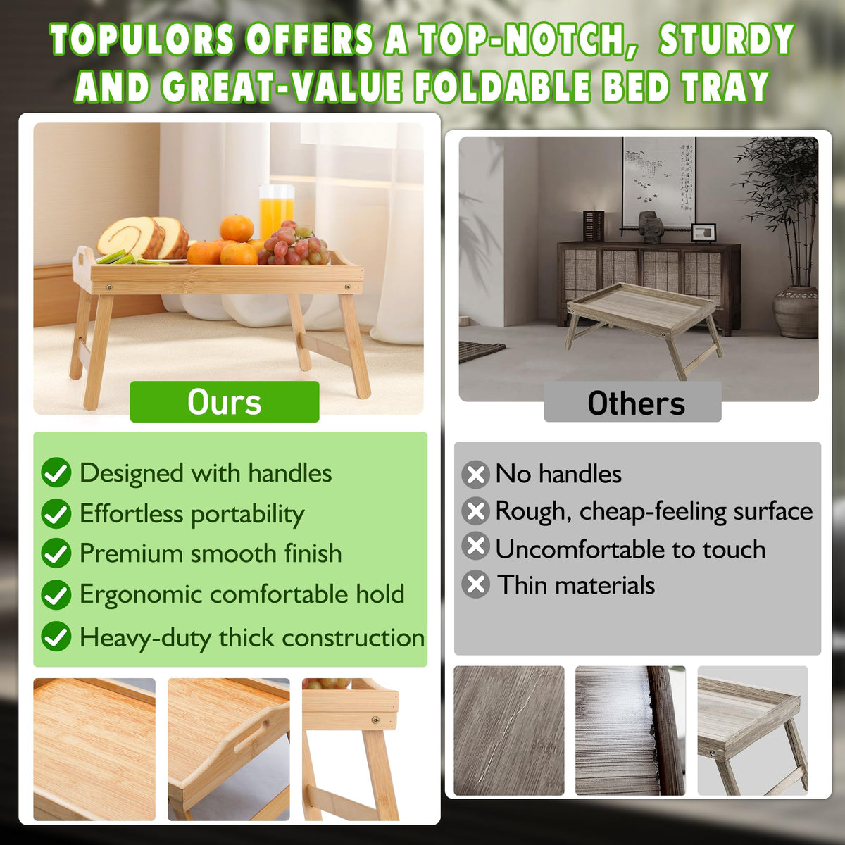 Topulors tray edge prevents spills on furniture during meals.