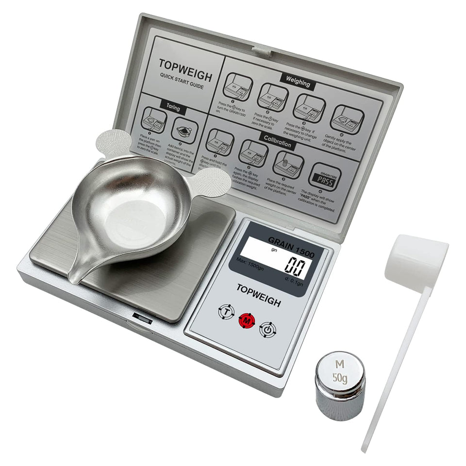 TOPWEIGH reloading scale with metal powder pan for precise measurements.