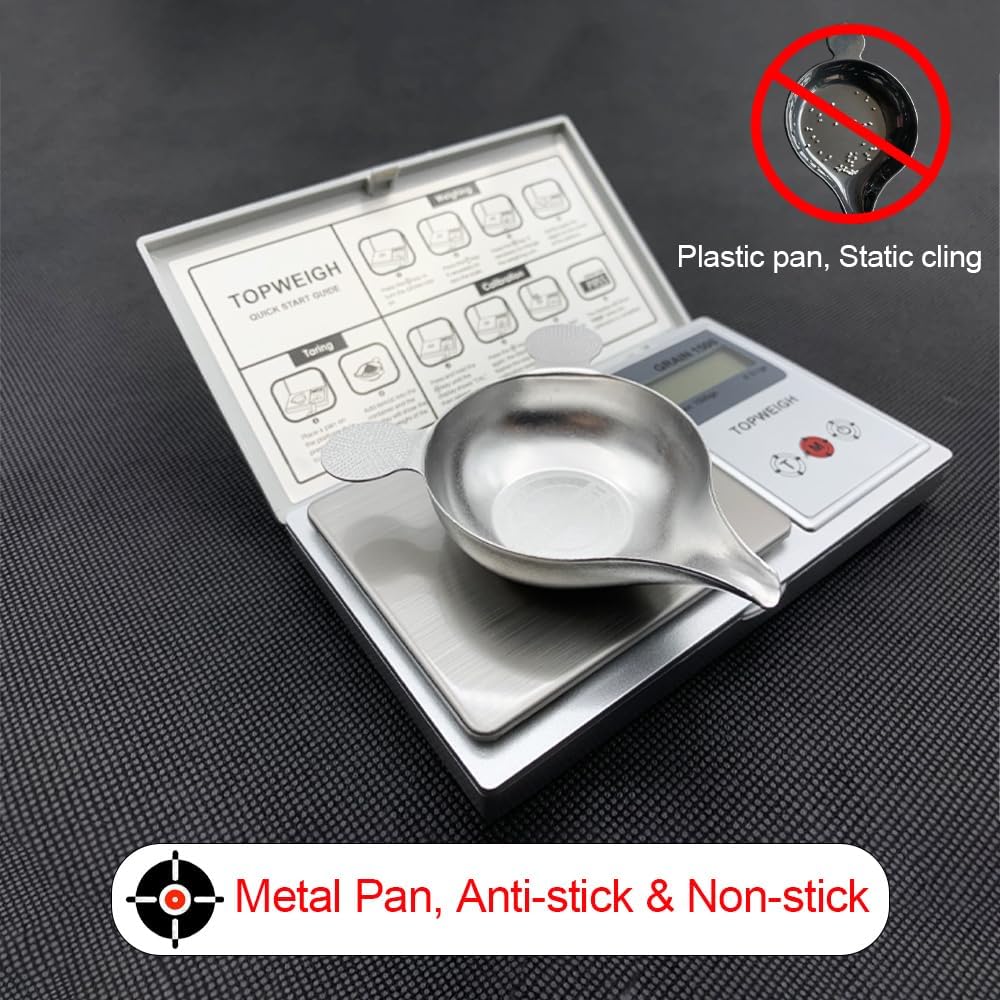 Narrow-spout non-stick powder pan detail for clean, accurate pours.
