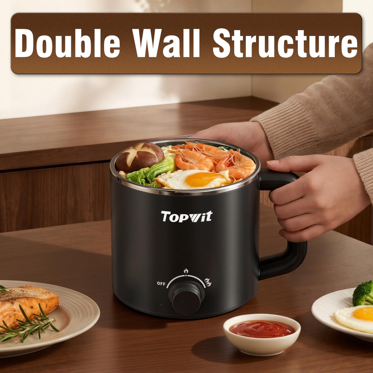 Topwit dual power settings support soups and porridge on low, noodles on high.