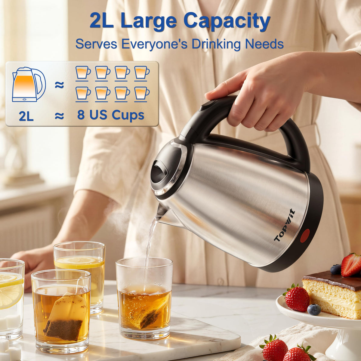 TopWit 2L kettle handle in silicone for comfortable, burn-safe pouring.