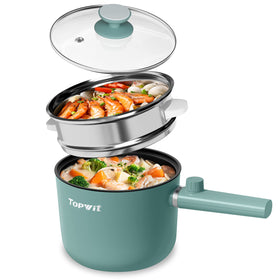 Topwit electric pot with steamer demonstrates dual-layer cooking for healthier meals.