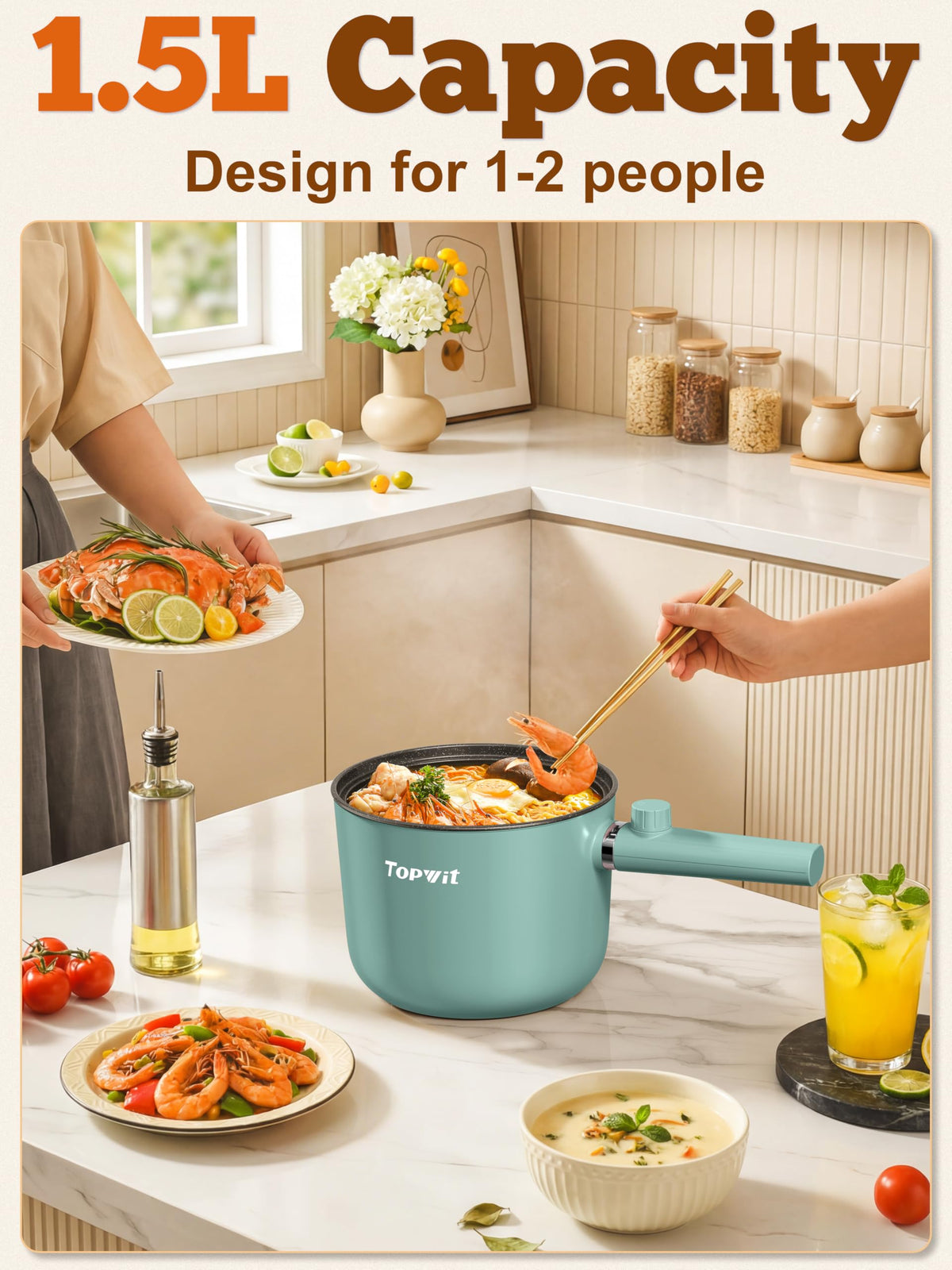 Topwit 1.5L ramen cooker compact for small kitchens and travel.