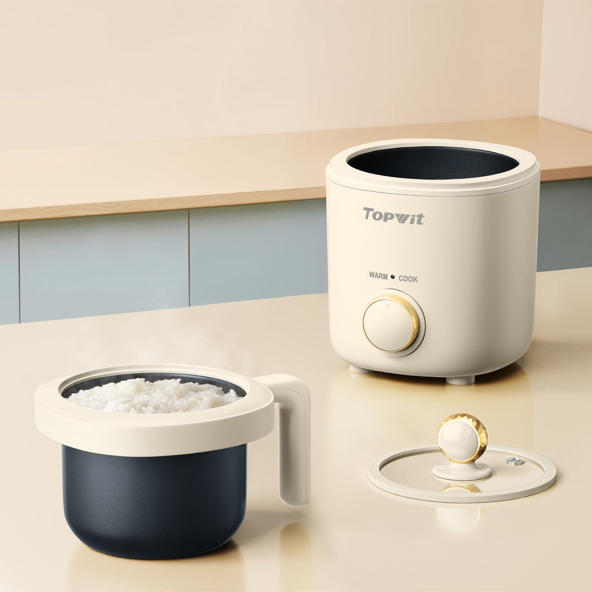TopWit rice cooker small front view shows compact design for tight kitchens.